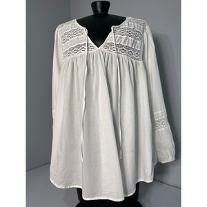 Lane Bryant Crochet-Style Lace Trim White Size 18/20 Cotton Peasant Boho Blouse